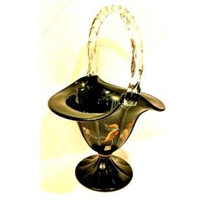 Vintage Fenton Shiny and Textured Wide Ribbed Pedestal Basket Black Milk Glass